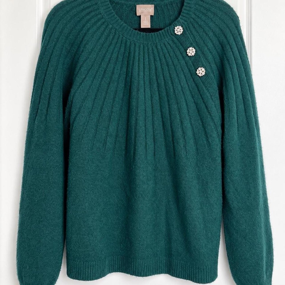 Chico's Green Rhinestone Detail Sweater — Size 1 / Medium